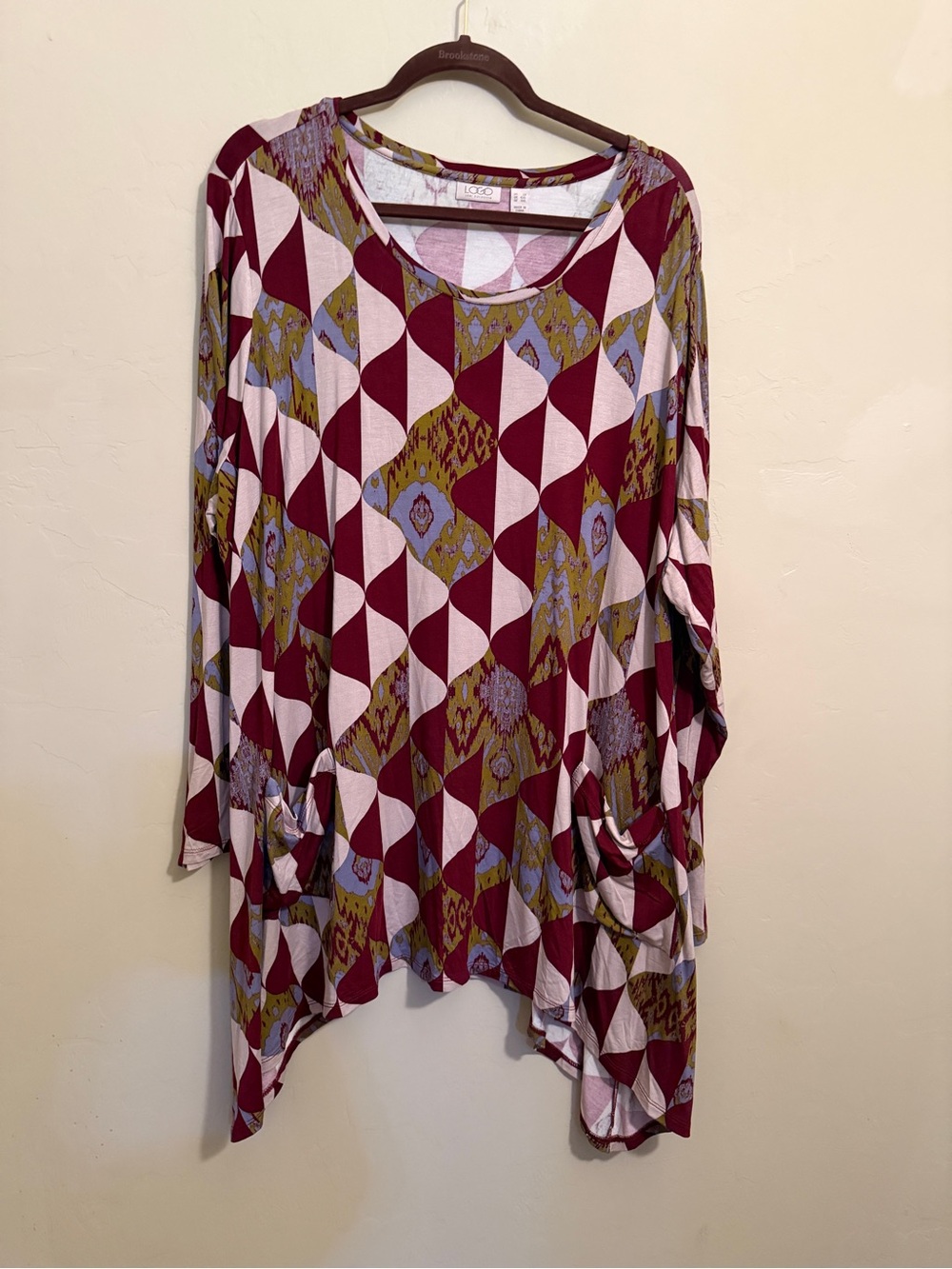 LOGO by Lori Goldstein 3X Printed Knit Tunic Top w/Pockets Asymmetrical Hem